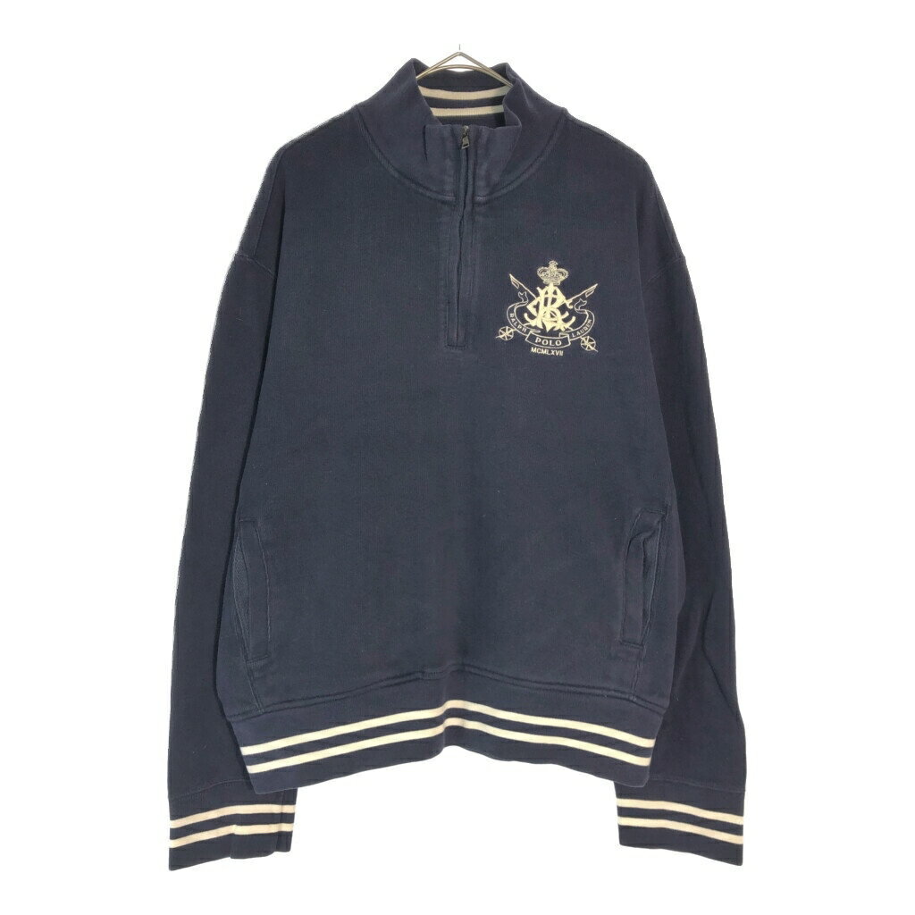 樂天商城 - Polo by Ralph Lauren ポロ ラルフローレン ハーフジップ スウェット ネイビー(メンズ L)中古 古着 X4643