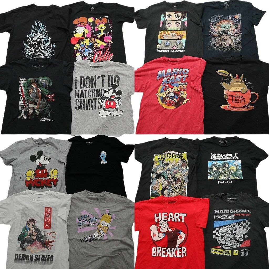 古着卸 まとめ売り キャラクター 半袖Tシャツ 16枚セット (メンズ M ) 進撃の巨人 ヒロアカ マリオ ディズニー 鬼滅の刃 中古 古着 ND9868