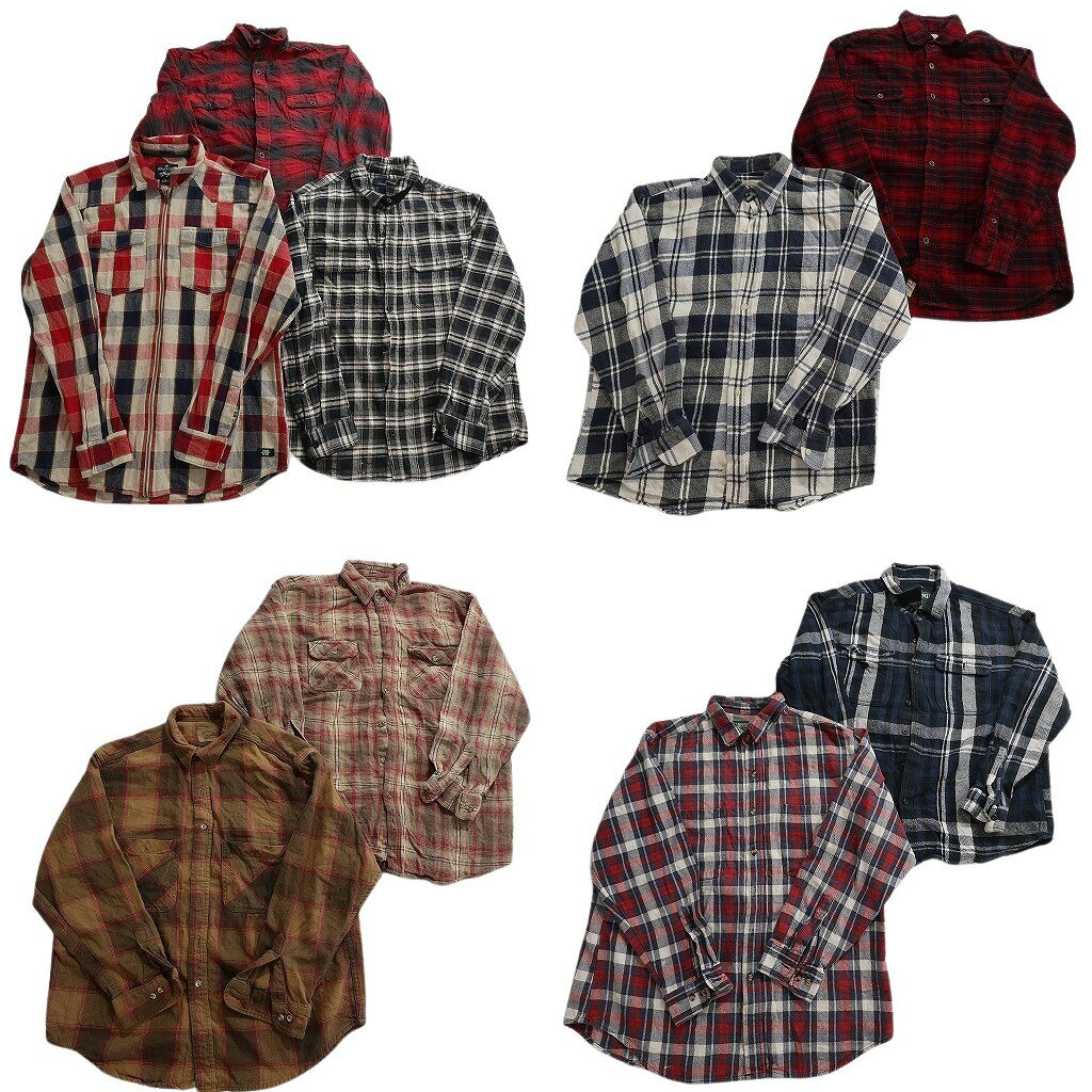古着卸 まとめ売り ヘビーネル 長袖シャツ 9枚セット (メンズ L /XL ) フルジップ ダブルフラップ チェック 中古 古着 NE0951