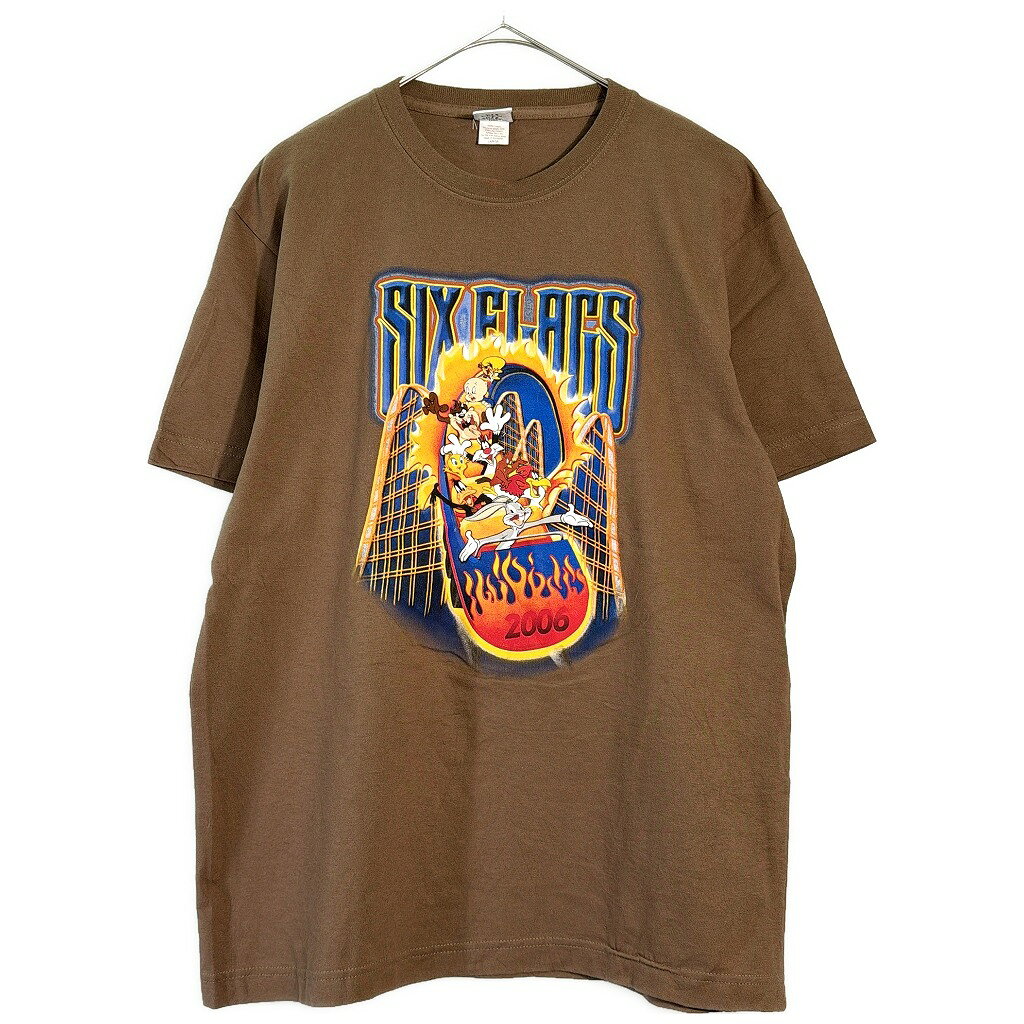 00年代 SIX FLAGS Looney Tunes ルーニー・テューンズ Tシャツ キャラクター ブラウン(メンズ L)中古 古着 X7573