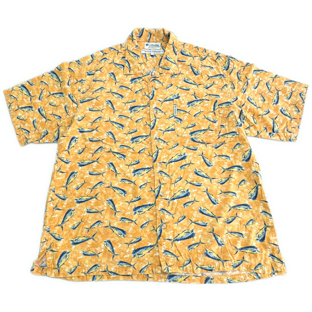 Columbia コロンビア オープンカラー 魚柄 半袖シャツ アウトドア 総柄 オレンジ(メンズ L)中古 古着 X8237