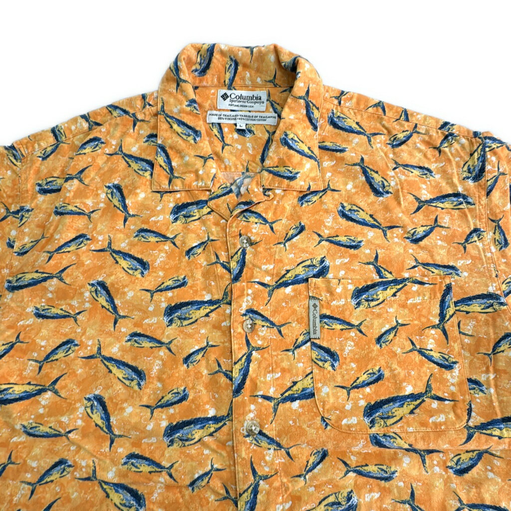 Columbia コロンビア オープンカラー 魚柄 半袖シャツ アウトドア 総柄 オレンジ(メンズ L)中古 古着 X8237 3