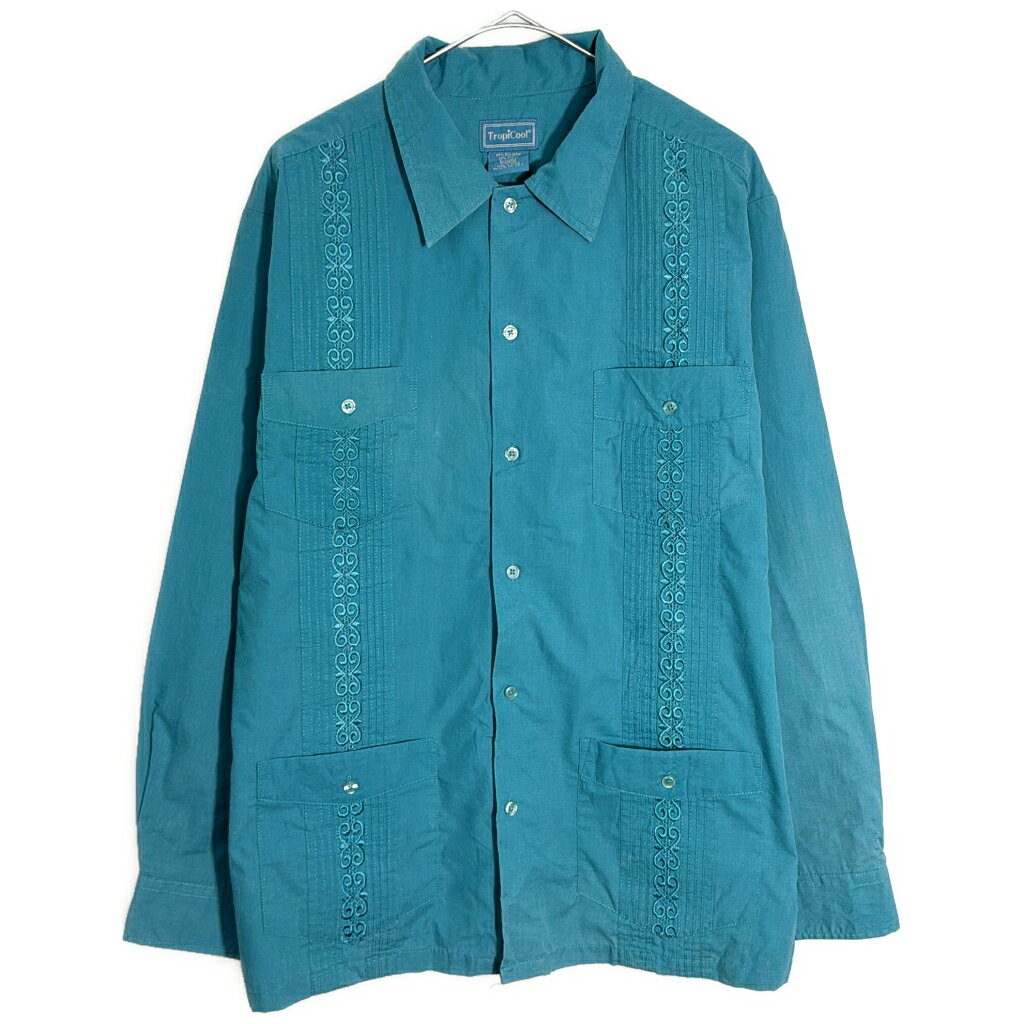 TropiCool 長袖キューバシャツ エメラルドグリーン(メンズ MEDIUM)中古 古着 X9761