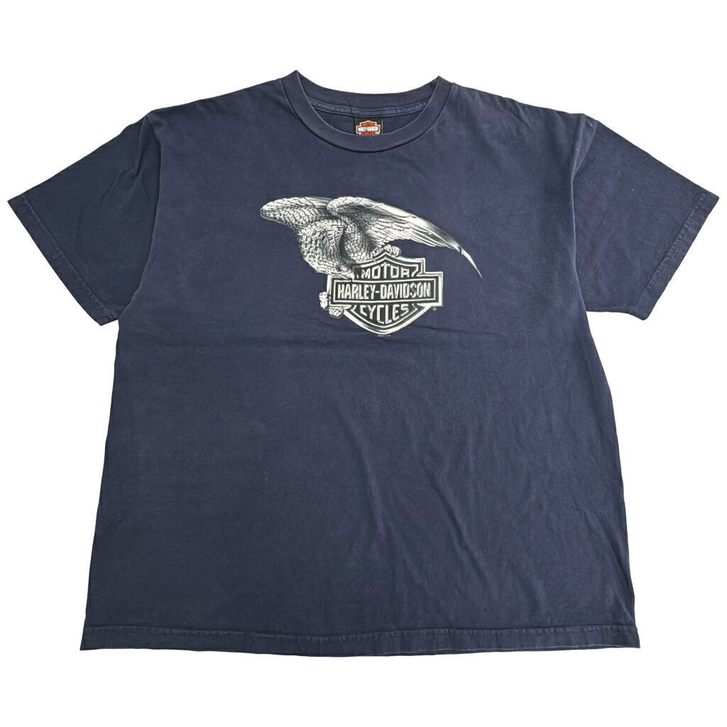 00年代 USA製 HARLEY DAVIDSON ハーレーダビッドソン 半袖Tシャツ 大きいサイズ モーターサイクル ネイビー(メンズ 2XL)中古 古着 X9952