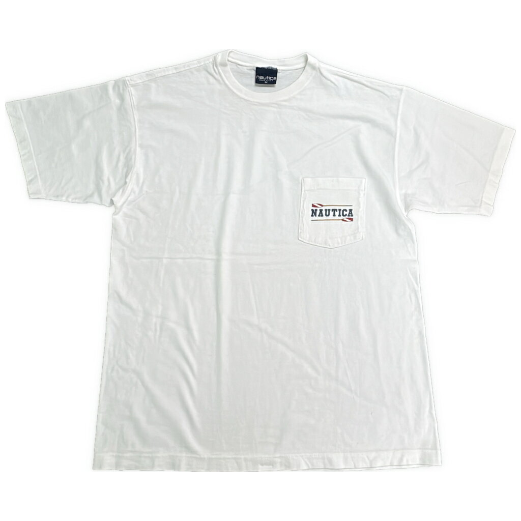 樂天商城 - 90年代 USA製 NAUTICA ノーティカ ワンポイントロゴ ポケットTシャツ ホワイト(メンズ M)中古 古着 Y0075