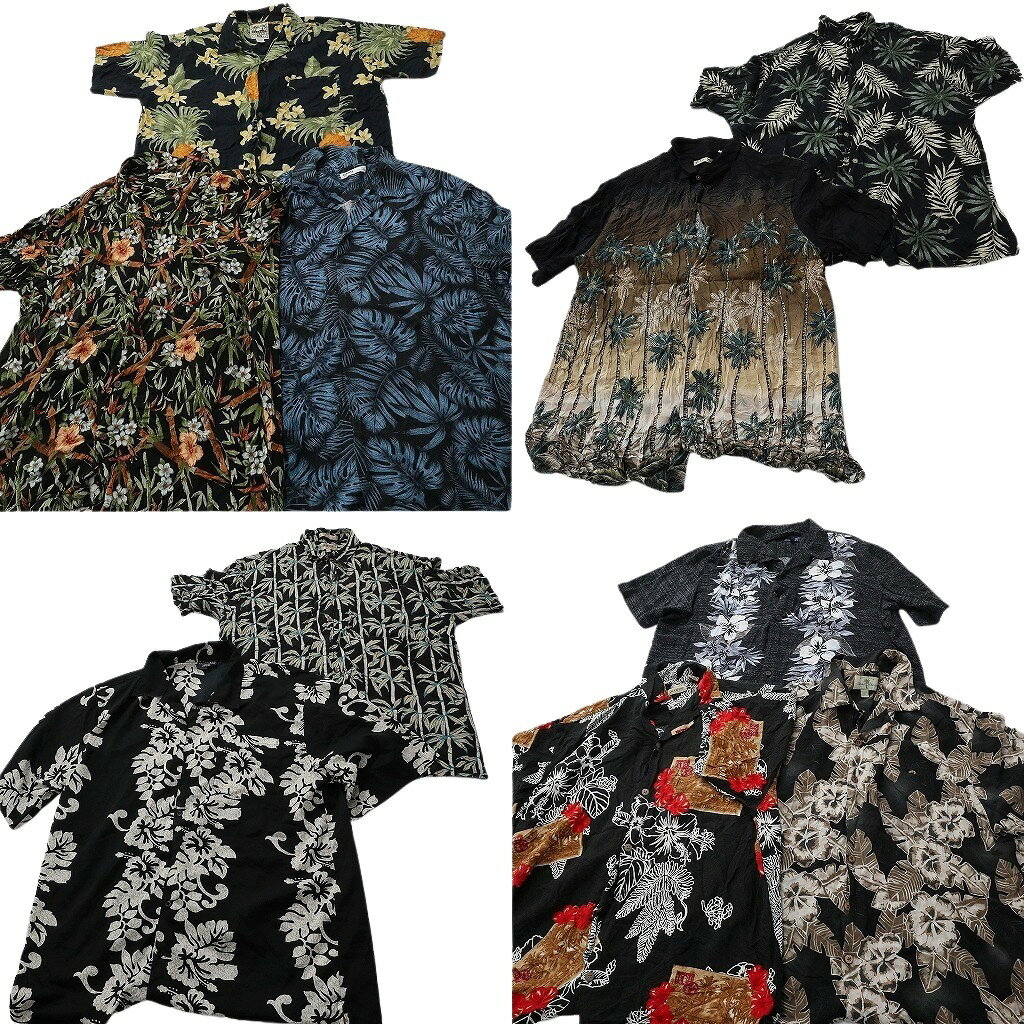 樂天商城 - 古着卸 まとめ売り 半袖 黒ボディ アロハシャツ 10枚セット ( メンズ XL ) リーフモチーフ ハイビスカス ホリゾンタル 中古 古着 NE7313