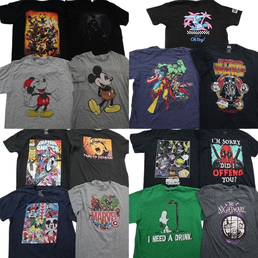 乐天商城 - 古着卸 まとめ売り キャラクター Tシャツ 15枚セット ( メンズ L ) ミッキー ナルト ディズニー マーベル スターウォーズ 中古 古着 NE8609