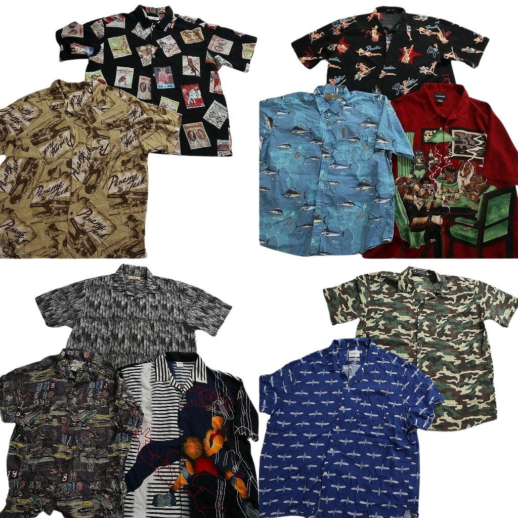 樂天商城 - 古着卸 まとめ売り モチーフ 柄 半袖シャツ 10枚セット ( メンズ 2XL ) カモ柄 バードモチーフ フィッシュモチーフ 総柄 中古 古着 NF0582