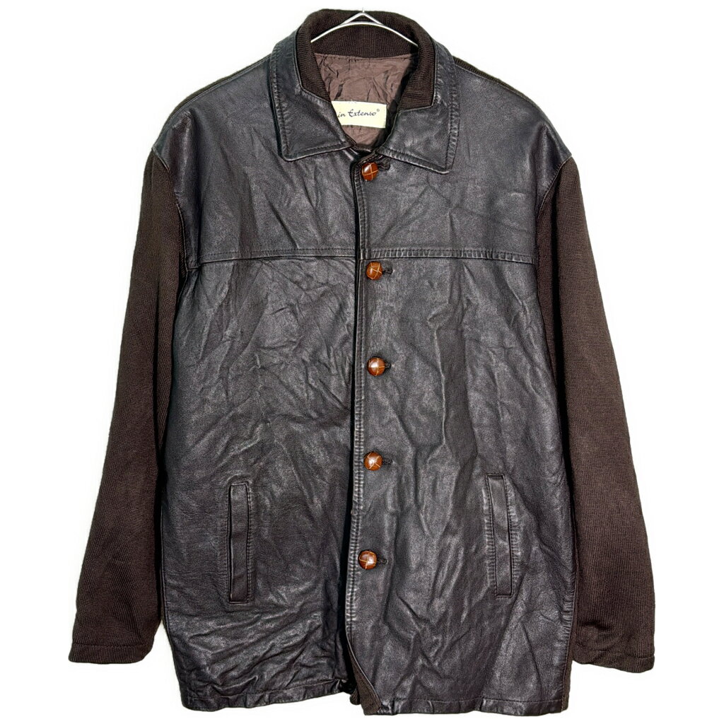 In Extenso フェイクレザー切り替え アクリルニットジャケット ブラウン(メンズ 48)中古 古着 Y4733