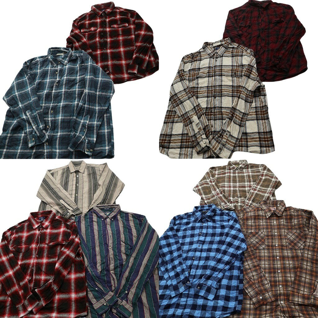 古着卸 まとめ売り フランネル ネルシャツ 長袖シャツ 10枚セット ( メンズ 2XL ) ストライプ チェック柄 ダブルフラップ 中古 古着 NF6596