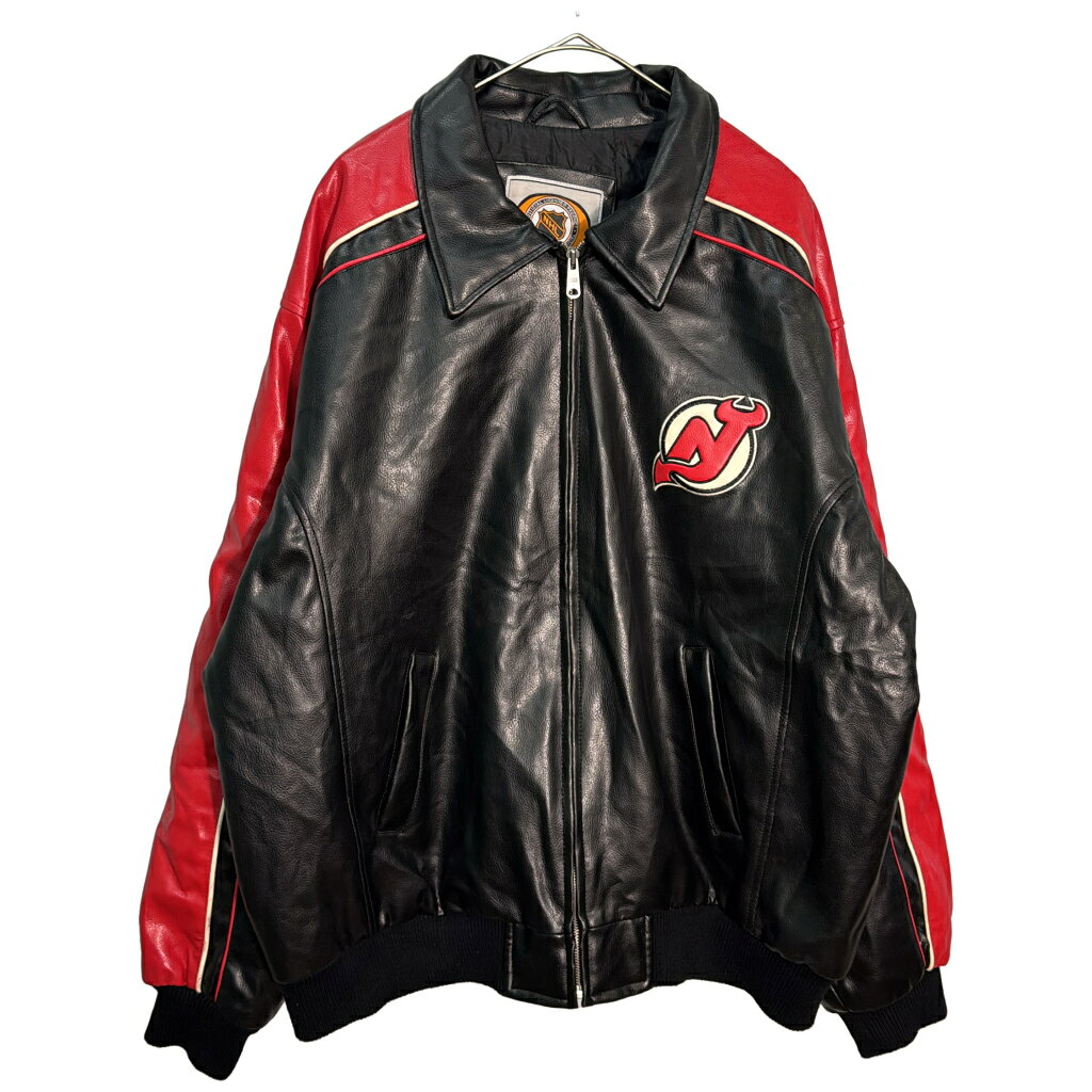 NHL ニュージャージー・デビルス フェイクレザースタジアムジャケット プロチーム ホッケー ブラック(メンズ XL)中古 古着 Y9209