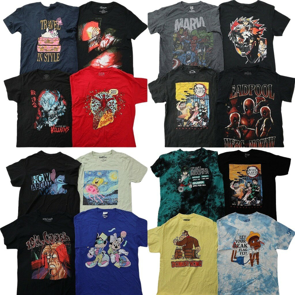 古着卸 まとめ売り キャラクター Tシャツ 16枚セット ( メンズ M ) 鬼滅の刃 ドンキーコング ナルト ディズニー 中古 古着 NG2886