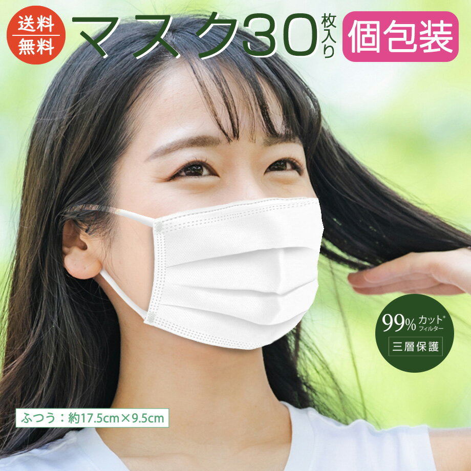 【訳あり・送料無料】不織布マスク ふつうサイズ 三層構造 30枚入り 1枚個包装 ウィルス 飛沫 花粉 対策 PM2.5 99%カット マスク 不織布 使い捨て 3層構造 三層フィルター 白 使い捨てマスク メルトブローン 大人 ふつう 子供 子供 フリーサイズ 衛生 訳あり アウトレット