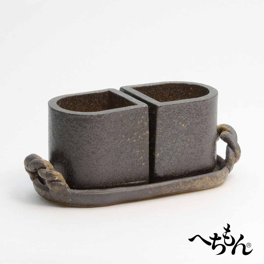 【送料無料】【信楽焼】へちもん 灰掛　ペア植木鉢　受皿付