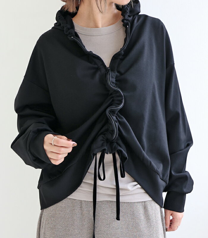 MIDIUMISOLID パーカー フーディー ポンチ レディース 日本製 ブラック ストレッチ オールシーズン オフィス カジュアル 4-112208 ミディウミソリッド 【送料無料】