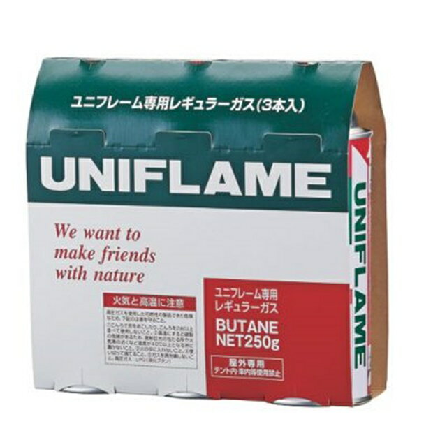 UNIFLAMEのガス燃焼機器はすべて「カセットボンベ」を使用　「専用」という安心感のあるレギュラーガス。NET：ブタンガス 250g×3　カセットボンベについて　カセットボンベの中味は液体（生ガス）と気体で構成されています。ユニフレームの燃焼機器は主に気体（気化した状態のガス）を使用し燃焼しています。※一部、液体（生ガス）を強制的に気化させて燃焼する機種（UH-C）もございます。ボンベ内部のL型のパイプはボンベを縦や横に使った時でも液体を取りにくくして気体だけを取り込める様な形状になっています。ボンベを横にセットする際に切込み部を上に向けてセットしてもらうのはこのためです。ガス機器は主に気体を出してガスを燃焼していますが、ボンベが満タンの時やボンベを逆さにした時にはL型のパイプ内に液体（生ガス）が侵入し白い霧状のガスが出てしまいます。この状態で着火した場合炎が大きくなりますので液体（生ガス）が治まった状態でご使用ください。