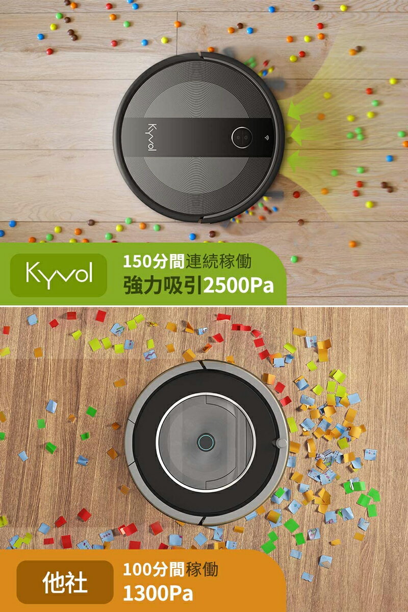 【8月18日からポイント15倍！】＼★楽天1位★／Kyvol（キーボル） E20 ロボット掃除機 2,500Pa 強力吸引 あす楽 花粉対策 超薄型 畳 静音 自動充電 アレクサ WiFi 150分間連続稼働 お掃除ロボット 境界線テープ 二年保証 ギフト