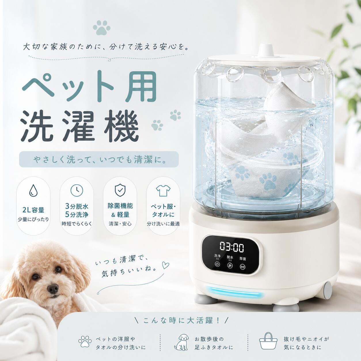 【1年間保証&レビュー特典付】ペット用洗濯機 全自動洗濯機 除菌機能付き 洗い脱水一体化 小型設計 コンパクトモデル 軽量低騒音 ワンタッチ操作 吸盤固定 ペット用品 ミニ洗濯機・小型洗濯機 脱水機能付き ブルーライト除菌 Type-C充電式 2L コンパクト 【2L容量＆3000mAh 大容量ミニ洗濯機】ペット用洗濯機で日常の悩みを解決。3000mAhバッテリー搭載、満充電で約15回使用可能（使用環境により変動）。約2時間の急速充電対応、出張・旅行前にもすぐ使える。LEDデジタルタッチパネルで洗濯時間がひと目でわかる。高回転渦巻純銅モーターが繊維奥深くまで浸透し、手洗い以上の洗浄力で血痕・頑固な汚れも除去。ブラジャー・パンツ・靴下など小物専用の全自動ミニ洗濯機。【ご使用前の注意】 商品到着後、必ず一度満充電してからご使用ください【ワンタッチ操作＆洗濯・脱水一体化設計】面倒な手洗いを大幅削減。ポータブル洗濯機は洗濯・脱水を一体化し、ワンタッチで操作可能。電源ボタンを3秒長押しで起動後、モードボタンをタッチするだけ。「5分洗濯・除菌」から「3分遠心脱水」まで自動で完了。高防漏構造で日常安心。 万一漏れた場合は、ミニ洗濯機本体を反時計回りに回し、パッキンを点検・清掃後、右側の赤矢印と本体の横矢印を合わせて締めてください。手動給水・排水のコンパクト設計なので、水道がなくてもペットボトルなどで簡単に給水可能。洗濯から脱水まで一気通貫、いつでもストレスフリーな洗濯体験を。【3in1洗浄モード&amp;青色光による除菌】赤ちゃんの肌着や敏感肌用の下着を、安全に洗いたい方へ。高回転パワーにより、靴下・下着など細かい部分まで隅々深層洗浄を実現します。全方位手洗い並みの洗浄力に加え、青色光除菌機能を融合します。目に見えない細菌を約99％除去し、清潔な洗い上がりに。ベビー服・デリケートな下着・小物衣類に最適化された設計で、デリケート素材や乳幼児用品にも安心・衛生的に使用可能です。コンパクトな全自動ポータブル洗濯カップで、3 種類の洗濯モードを搭載します。ワンボタン操作で簡単に切り替え、5 分洗浄・除菌と3 分遠心脱水が自動完了、運転終了後は自動リセットされます。注目の高速遠心脱水機能を搭載し、最大 86％の脱水率を実現します。強力な遠心力で衣類の水分をしっかり分離、手絞りの手間を削減します。水滴垂れを防ぎ、干す時間を大幅短縮し、毎日の洗濯をスムーズにします。【IPX5防水＆360°正逆転洗浄機能＆吸盤固定】IPX5 等級の優れた防水設計に加え、360° 密閉構造を採用。洗濯時の水漏れを強力に防ぎ、内部パーツをしっかり保護します。使用後のお手入れも簡単で、長期間衛生的かつ安心してご利用いただけます。正逆転を繰り返すウェーブ洗浄と渦巻き立体水流により、衣類繊維の隙間やシワの奥まで入り込み、しっかり揉み洗います。泥汚れが付着した靴下や汗臭いスポーツウェア・下着など、頑固な汚れも徹底洗浄します。小型 ポータブル洗濯カップには食品グレード TPE シリカゲル素材を使用し、肌に優しく安全性抜群です。デリケートな個人物品やベビー衣類の洗濯にも適し、衛生面をしっかり確保します。低消費電力の静音モーターを搭載した頑丈ボディ設計で、動作時の振動を大幅に抑制します。安定稼働を実現し、静かでストレスフリーな洗濯体験を提供します。吸盤ベースと4個の滑り止め吸盤で運転中の振動・ズレをしっかり防止します。マンションや寮の床でもぐらつきません。【コンパクト＆持ち運び便利】場所を取らず、どこにでも持っていけるコンパクトミニ洗濯機です。本体は幅15cm×奥行15.5cm×高さ27cm、本体重量わずか1.18kgの超軽量・コンパクト設計です。使わないときはクローゼットや机の下にスッキリ収納できます。アパート・寮・車・ホテル・旅行・キャンプなど、どこにでも持ち運べます。パッケージには本体に加え、脱水槽・防滑吸盤4個・排水ホースを同梱します。本製品の標準言語は英語となり、予めご了承ください。ご使用について何かご不明な点やご質問がございましたら、お気軽にお問い合わせください。関連検索：#洗濯機#小型洗濯機#ミニ洗濯機#洗濯機 小型#ポータブル洗濯機#ミニせんたく洗濯機#脱水機#小型洗濯機 脱水機能付き#washing machine#脱水機 小型#ミニ洗濯機 脱水機能付き#コンパクト洗濯機#小さい洗濯機#洗濯機 小型 ポータブル# 5
