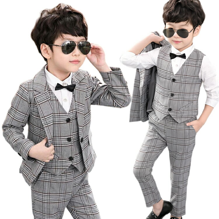子供服 卒業式 フォーマルスーツ 卒業式 入学式 入園式 小学生 90 100 110 120 130 140ベスト 男の子 卒園式 キッズ 5点セット（ジャケット ベスト、パンツ、シャツ、リボン）七五三 お受験 結婚式 発表会 グレー セット シャツ 子供スーツ