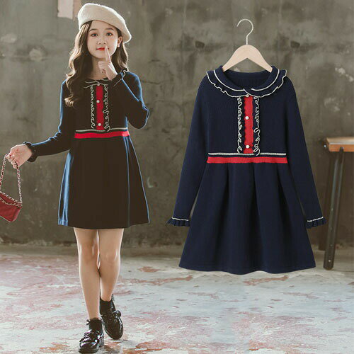 韓国子供服 ニットワンピース セーター ニット 秋冬 女の子 ロング丈 プリーツスカート フレアスカート 長袖 リゾート おしゃれ ベビー カジュアル 可愛い ジュニア服 ネイビー 110 120 130 140 150 160