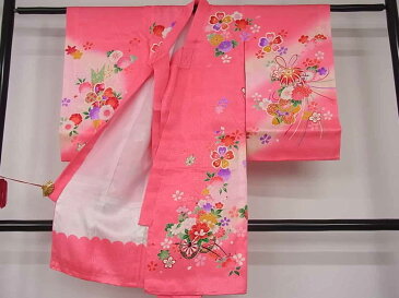 ■平和屋■七五三 女の子 三歳 祝着 長襦袢セット 刺繍 御所車花鞠文 金彩 正絹 逸品 未使用 kk1097