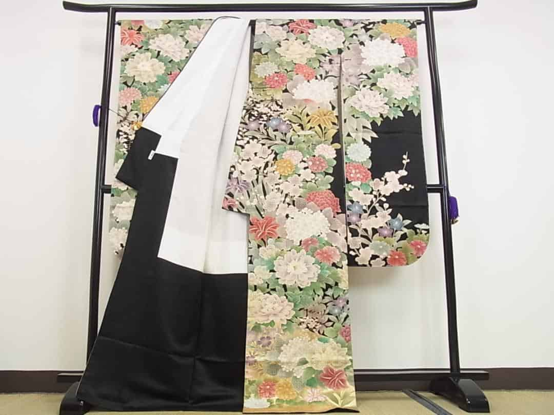 ■平和屋■振袖　京友禅　スワトウ刺繍　百花繚乱　黒地　本金箔　パールトーン加工済　逸品　未使用s7161