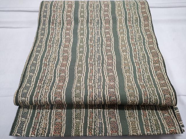 平和屋着物◎八寸名古屋帯　紬地　幾何学間道　金糸　正絹　逸品　未使用　DAAW9132we