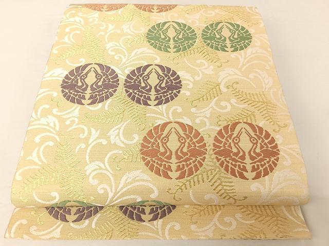 平和屋着物●俵屋　人間国宝　喜多川平朗 有職織物　六通柄袋帯　唐織　向かい鶴シダ文　金糸　正絹　逸品　AABA4954np