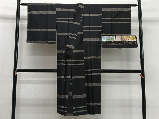 平和屋着物∞道中着　本場縞大島紬　単衣　横段文　ロング丈　証紙付き　正絹　逸品　未使用　CABD4706ua