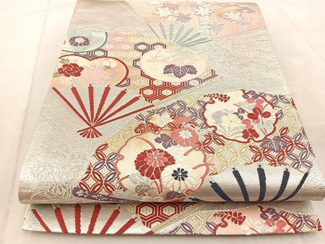 平和屋着物◎六通柄袋帯　唐織　扇面花文　銀糸　正絹　逸品　BAAV6821yc