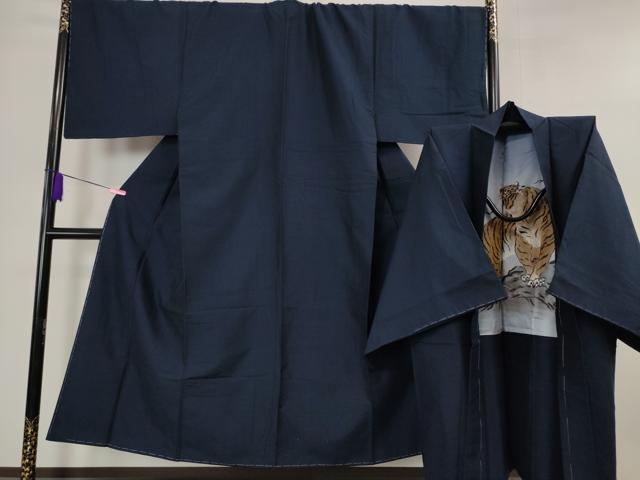 平和屋本店■極上 男性 紬 アンサンブル 色無地 紺青色 羽裏・虎 逸品 未使用 DZAA4535kh5