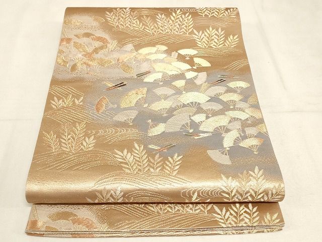 平和屋着物◎六通柄袋帯 流水扇面文 金糸 正絹 逸品 AAAK4019Apf