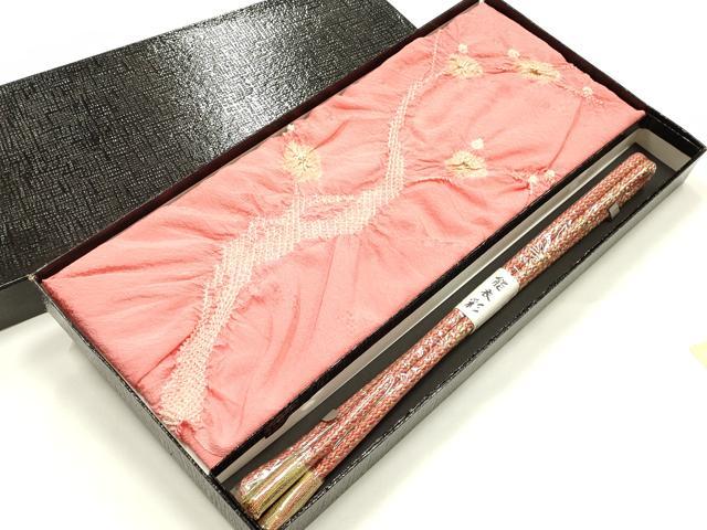 平和屋着物●和装小物　帯締め・帯揚げセット　能衣彩　丸組　絞り　枝梅　金銀糸　金彩　正絹　逸品　未使用　AABJ8974ay