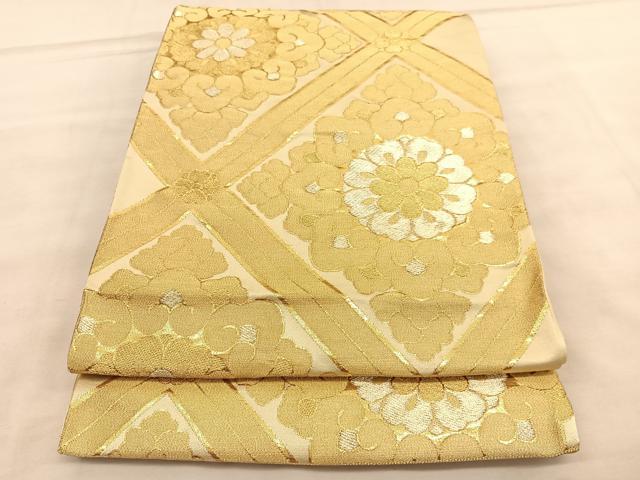 平和屋着物◎西陣　六通柄袋帯　菱天井花文　金糸　証紙付き　正絹　逸品　未使用　BAAU7816hv
