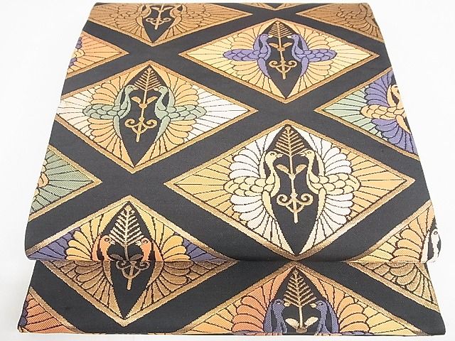 平和屋着物■六通柄袋帯 双鶴菱文 黒地 金糸 逸品 DAAF8424sa