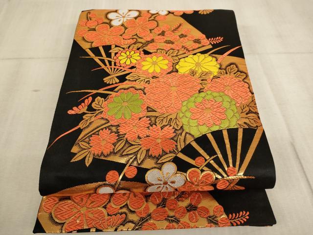平和屋着物∵子供 全通柄袋帯 唐織 扇面花文 黒地 金糸 AABE2162ja