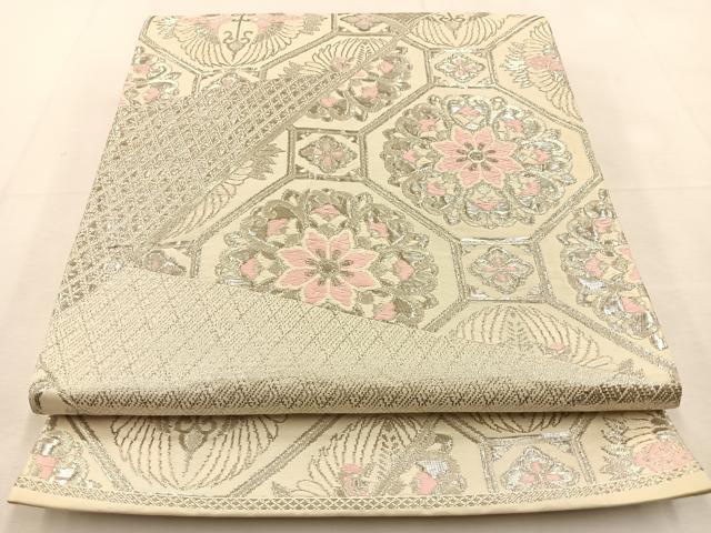 平和屋着物◎六通柄袋帯　唐織　蜀江双鶴花文　プラチナ二重箔織　正絹　逸品　BAAT9958hj