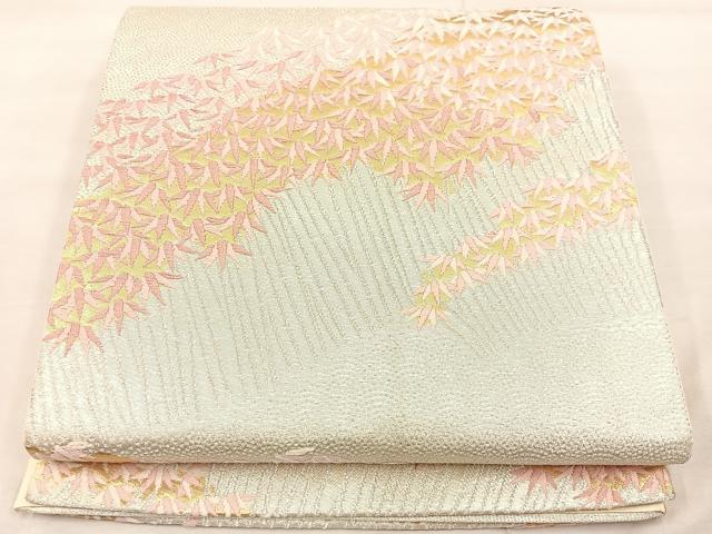 平和屋着物◎六通柄袋帯　唐織　笹の葉　金糸　正絹　逸品　BAAU0666mz