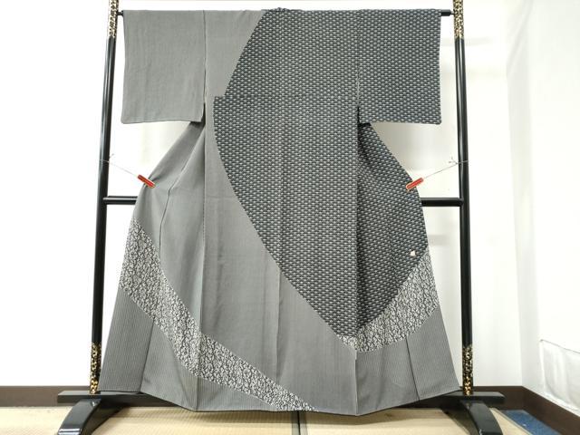 平和屋着物●訪問着　作家物　縞　枝蕾　黒地　正絹　逸品　CAAZ3084yc