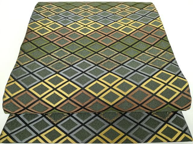 平和屋着物●田中工芸織物　祥園謹製　六通柄袋帯　唐織　菱繋ぎ　黒地　金糸　正絹　逸品　DAAX4864ps