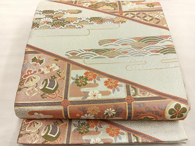 平和屋着物◎佐賀錦　六通柄袋帯　エ霞花鳥文　金糸　正絹　逸品　BAAO2300ea