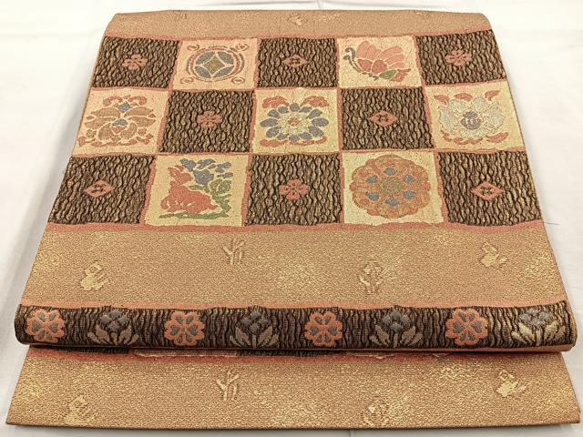 平和屋着物◎六通柄袋帯 宝祥錦 市松蝶華文 金糸 正絹 逸品 BAAQ9995cm