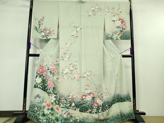 平和屋本店●極上　本加賀友禅作家　三口章　訪問着　枝花文　暈し染め　白緑色地　逸品　DZAB7645kh6
