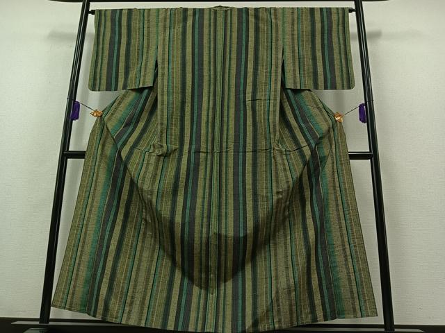 平和屋着物▽上質な紬　単衣　縞　正絹　逸品　AABB2465jh