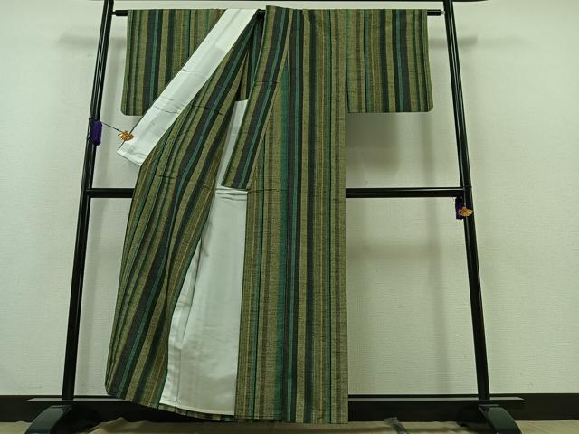 平和屋着物▽上質な紬　単衣　縞　正絹　逸品　AABB2465jh