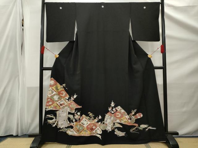 平和屋着物■豪華黒留袖　駒刺繍　飛鶴花菱文　金彩　正絹　逸品　AABC1969nf