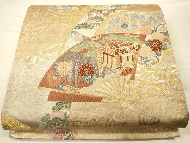 平和屋着物◎六通柄袋帯　唐織　青海に扇面散らし　金糸　正絹　逸品　CAAU8744ft