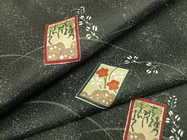 Full-Length Under-Kimono - 平和屋着物▽小紋　単衣　色紙草花文　黒地　洗える着物　AAAZ1532fy