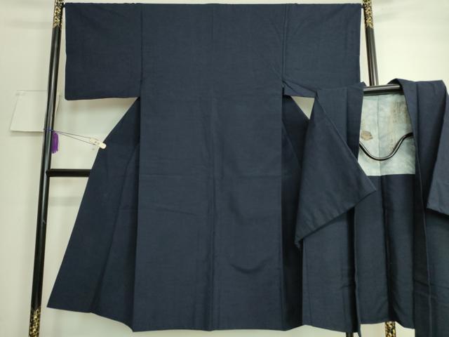 平和屋着物■極上 男性 紬 アンサンブル 色無地 濃紺地 逸品 DZAA7105kh5