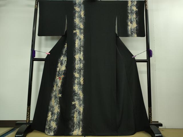 Kimono - 平和屋着物●極上　訪問着　刺繍　草花間道　たたき染め　黒地　金彩　逸品　DZAB2105kh6